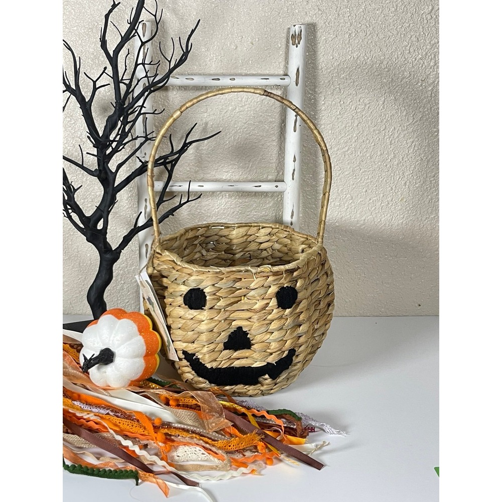 Woven Medium Halloween Pumpkin Basket with Black Accents - Picture 6 of 6